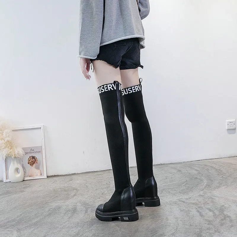 Over-the-knee Эластичные сапоги выше колена женские носки черные сапоги высокие облегающие вязаные сапоги дизайнерские кроссовки на платформе - Цвет: Over-the-knee