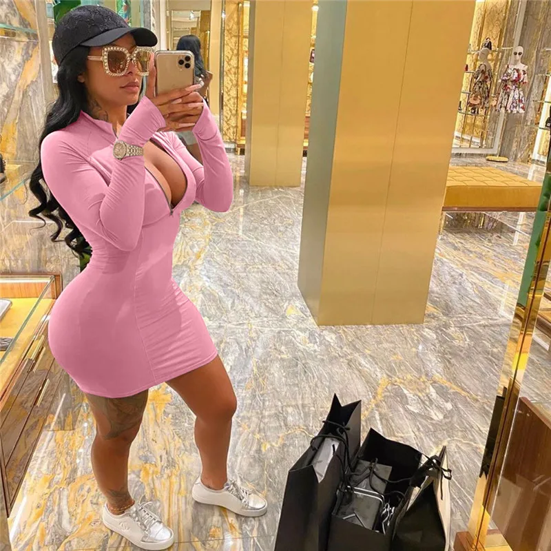 

Women Winter Fall Bodycon Ribbed Dress 2021 New Stand Collar Zipper Deep V-neck Stretch Bodycon Pencil Party