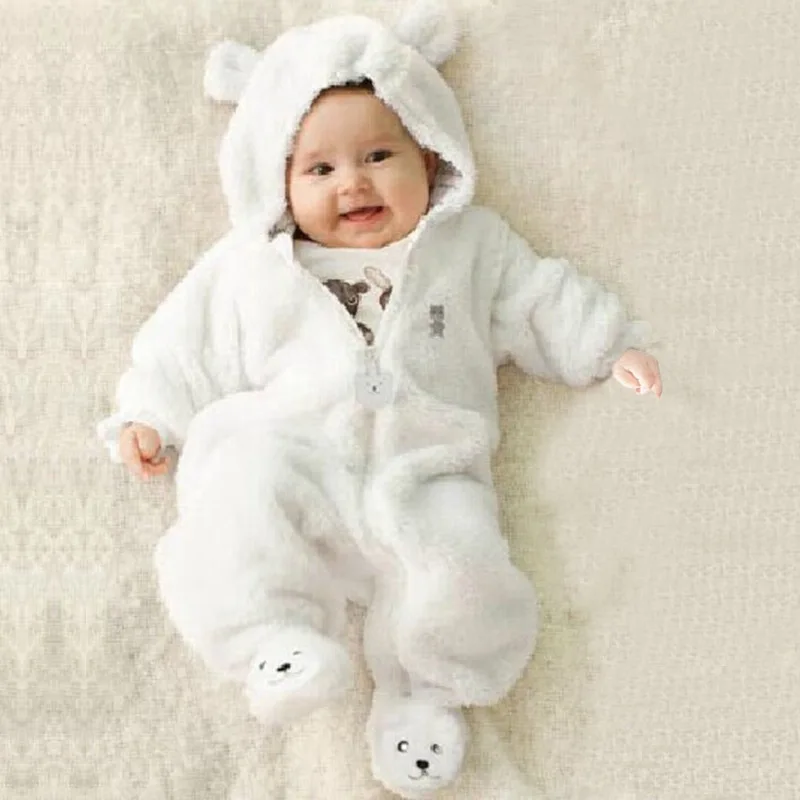 

Autumn Winter Baby Boy Coral Fleece Rompers Bear One-piece Outfits Suit Hand-wrapped Footies Overalls Hooded Long Thick Jumpsuit