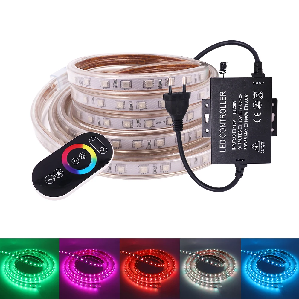 

SMD 5050 RGB Светодиодные ленты 220V 110V Открытый Водонепроницаемый Светодиодная лента с сенсорным пульт дистанционного управления Управление вод...