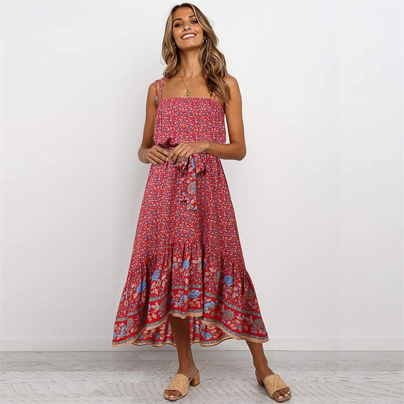 

Summer Fashion Red Women's Slip Dress Irregular Fold Bohemian Long Dress With Belt High Waist Ruffle Beach Party Floral Robe New
