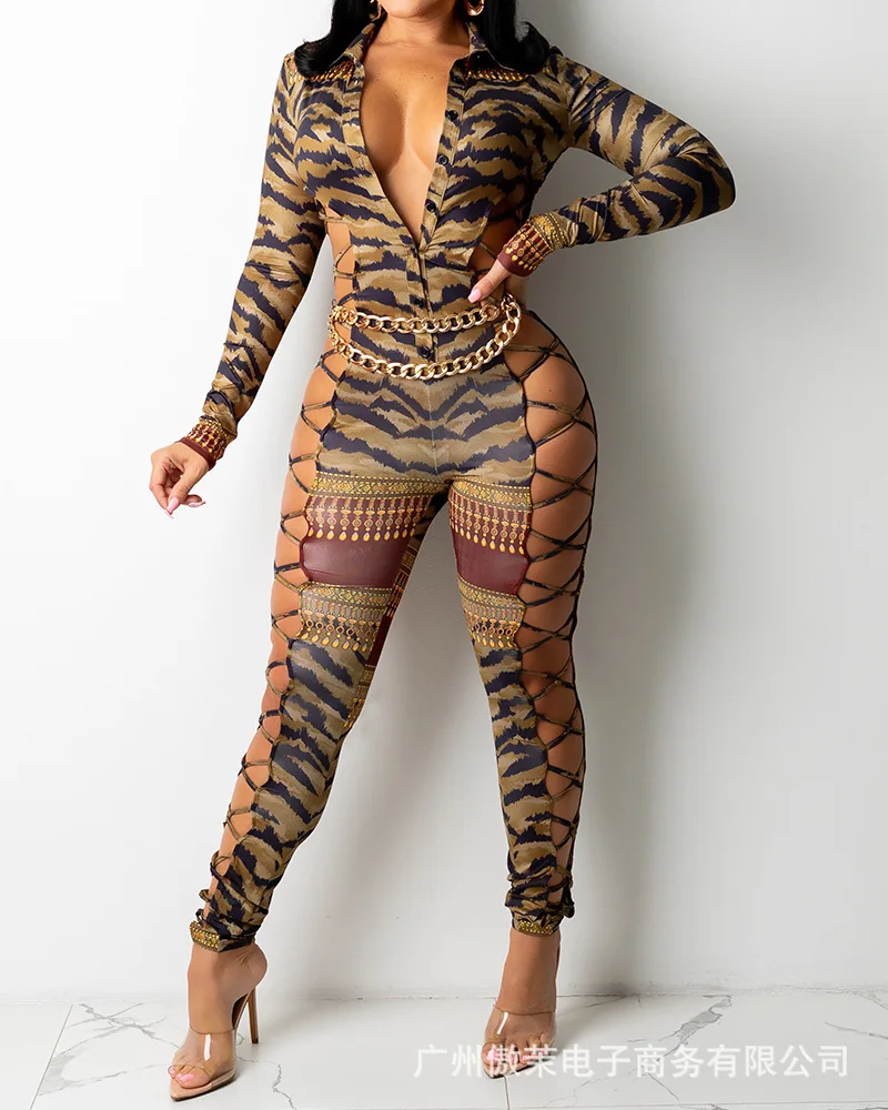 

Женский комбинезон с принтом и перекрестными вырезами, Новинка осени 2021, модные комбинезоны