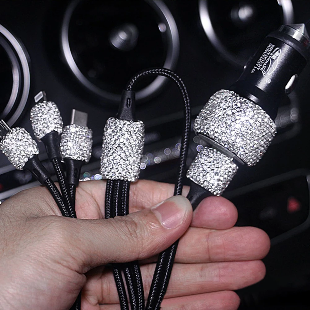 5pcs shiny car accessories set bling rhinestone kit w dual usb car charger air vent phone mount 3 in 1 charging cable and hooks free global shipping