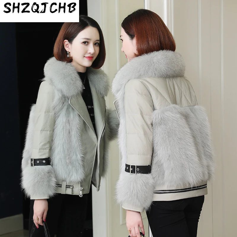 

Женский кожаный короткий пуховик SHZQ из овечьей кожи, новинка зимы 2021, тонкая Корейская куртка с воротником из лисьего меха