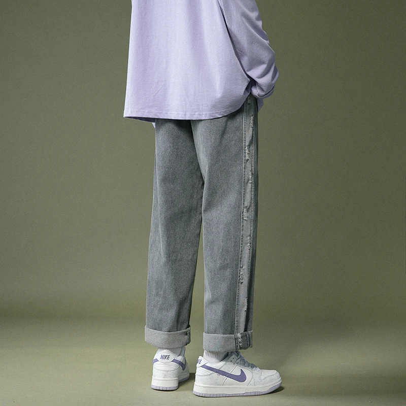 Autumn Cotton Ripped Jeans Men's Fashion Casual Straight Jeans Men Streetwear Loose Hip-hop Hole Denim Trousers Mens S-2XL