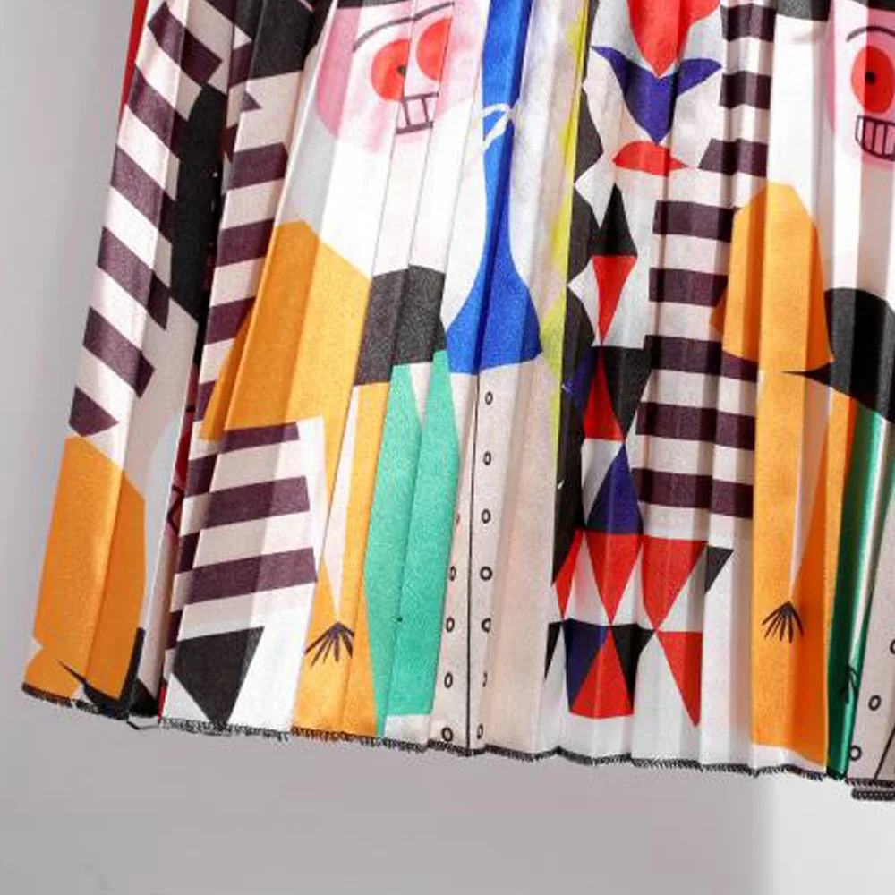 

Women's Skirt 2020 Summer Vintage Cartoon Print Skirt Saias Mulher Runway Goth Punk Style Female Casual Pleated Long Boho Skirt