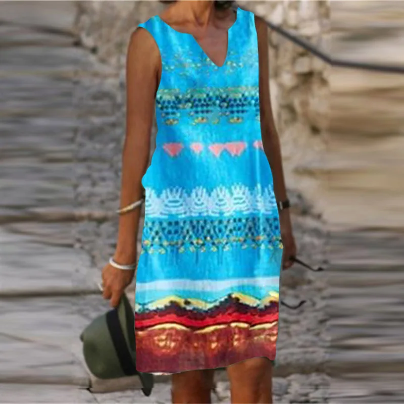 

Summer Vintage Print A-Line Loose Dresses Elegant V-Neck Sleeveless Lady Party Dress Fashion Casual Women Plus Size Beach Dress