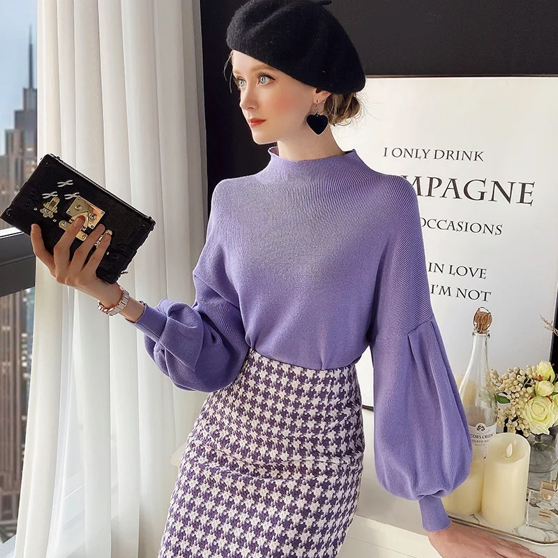 

Dabuwawa Vintage Purple Knit Pullover Sweater Women Lantern Sleeve Mock Neck Autumn Winter Loose Fit Sweaters Female DT1DKT007