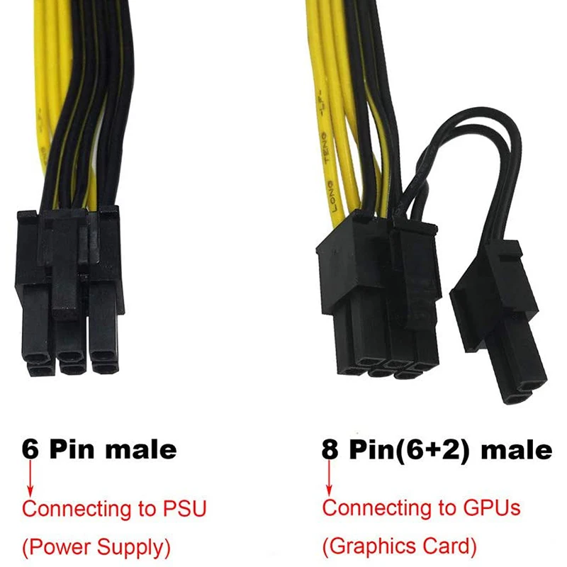 

6 Pin Male to 8(6+2) Pin Male PCIe Adapter Power Cable Server PCI Express Extension Cable 24 Inches