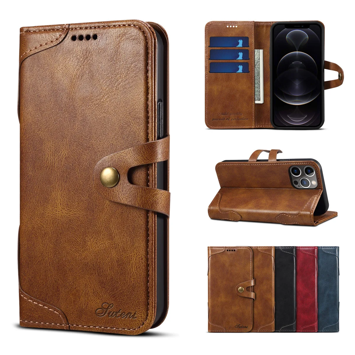 

For iPhone 13 Pro Max Phone Wallet Case Vintage Premium PU Leather Magnetic Card Holder Folio Cover for iPhone 12 Mini 12Pro