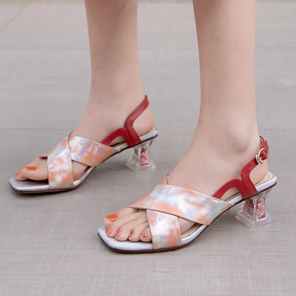 

KARINLUNA Genuine Leather Female Party Sandals Buckle Strap High Heels Women Sandals Open Toe Mixed Color Women Shoes