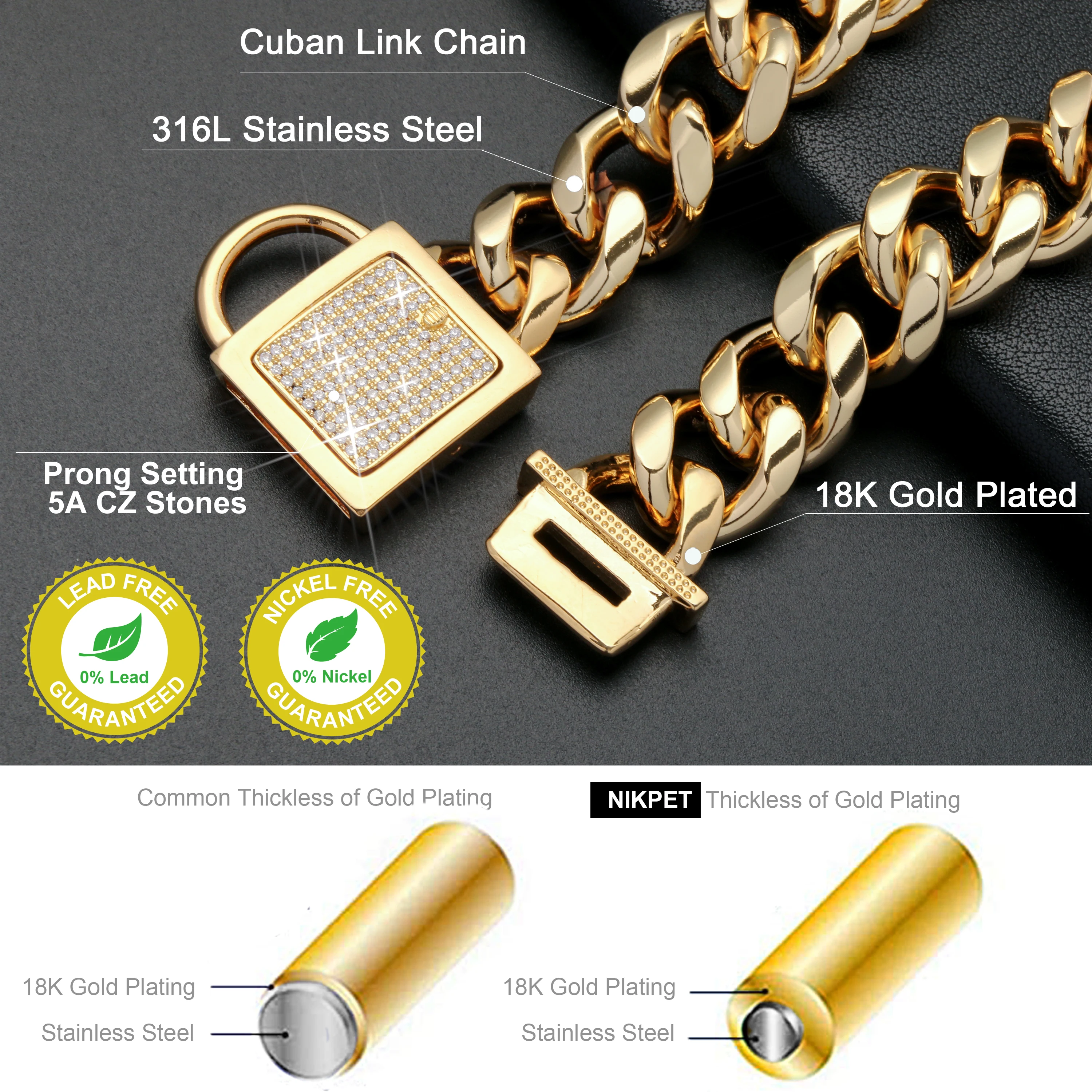 18K Gold Dog Walking Necklace Collars with CZ Buckle Strong Anti-chew 304L Stainless Steel Cuban Link 