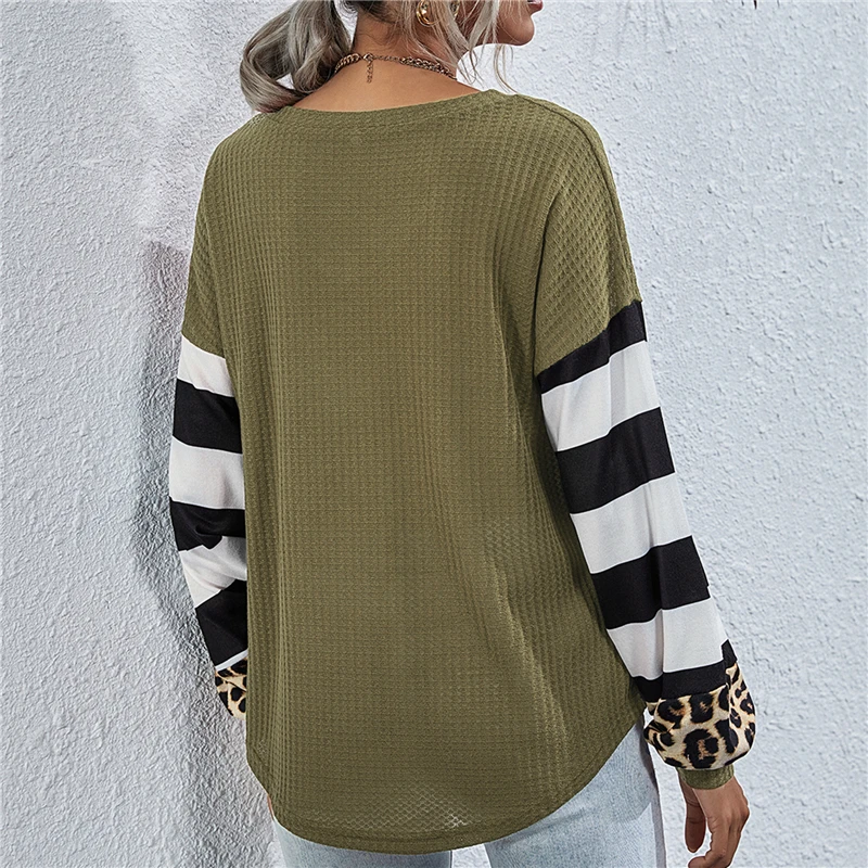 

Autumn Stripe T Shirt Women Leopard Patchwork Casual V Neck Long Sleeves Pullover Streetwear Ladies Loose T Shirt