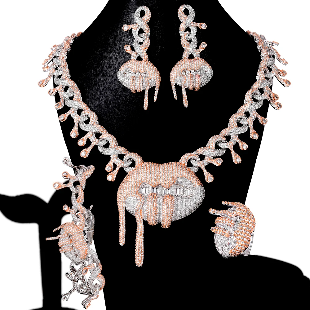 

Женский комплект украшений в стиле хип-хоп, набор из 4 цепочек кубинского плетения Майами с кубинским цирконием, ожерелье-чокер «губы»