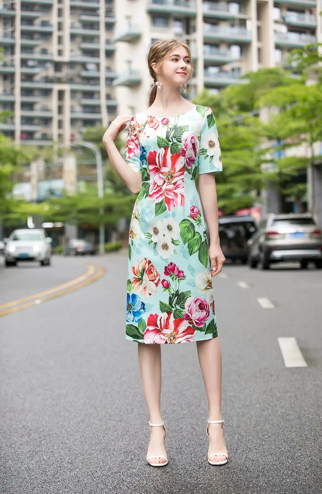 

JCHB 2021 summer fashion show new temperament women's short sleeve slim mid long printed dress trend