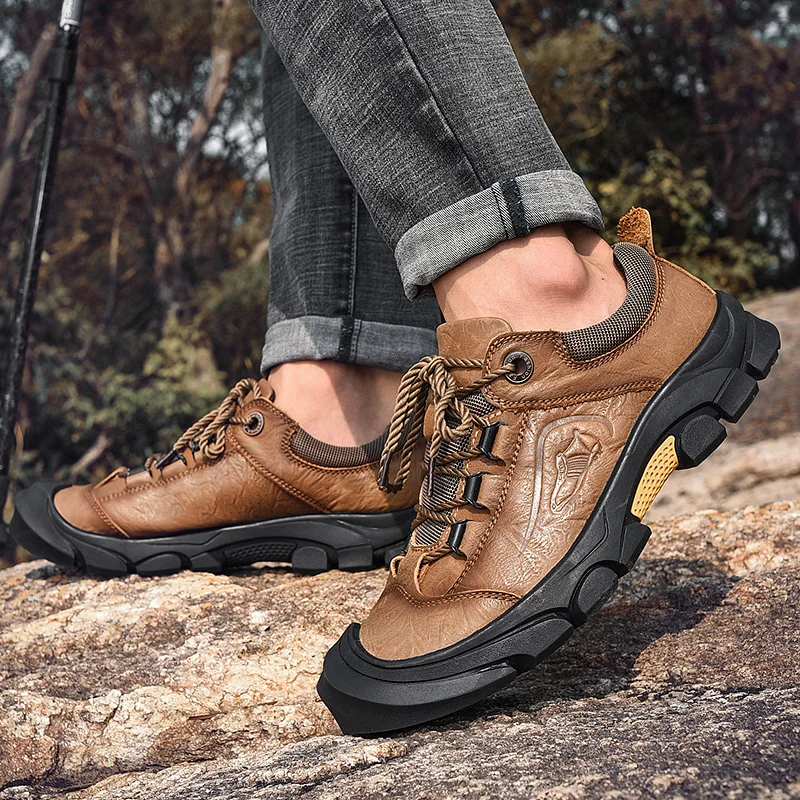 

High Quality Rubber Sole Men Shoes Natural Leather Waterproof Casual Shoes Plus Size Autumn Outdoor Lace-up Flats Shoes Men