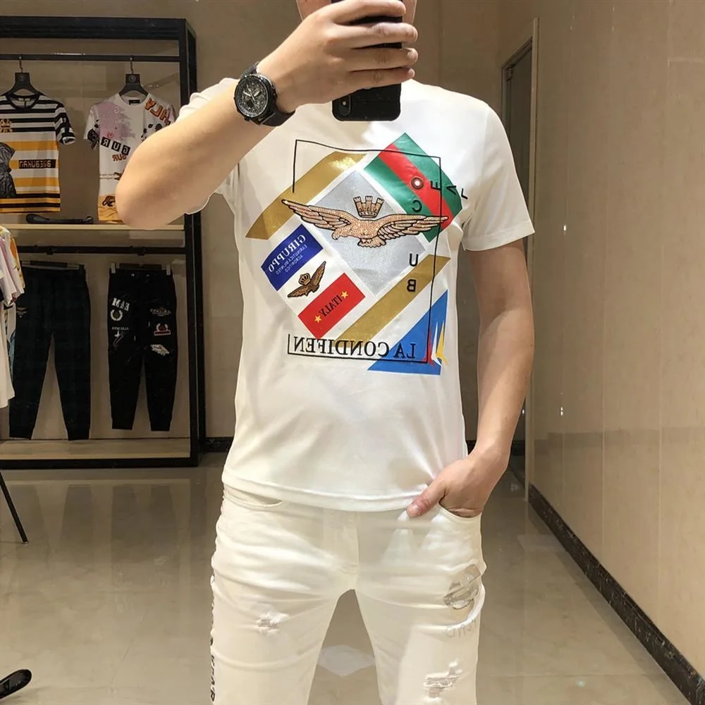 

2020 NEW Man Diamond Print Short Sleeve T-shirt Men's fashion Summer Rhinestone t shirt High quality Hot drilling T-shirt