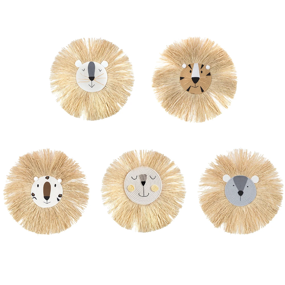 

INS Nordic Hand Woven Cartoon Lion Hanging Decoration Cotton Thread Weaving Animal Head Ornament Cartoon Wall Decor Wall Hanging