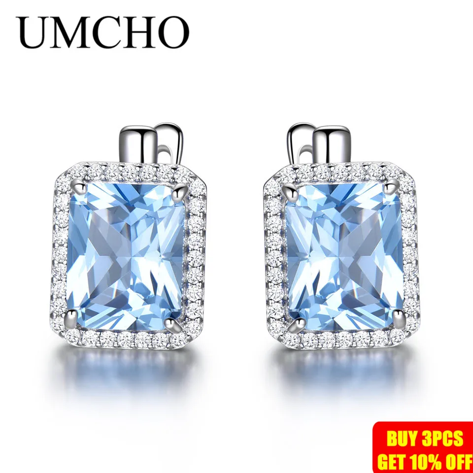 UMCHO, роскошные серьги-клипсы с нано голубым топазом, ювелирное изделие, 925 пробы, серебряные серьги для женщин, подарок на день рождения