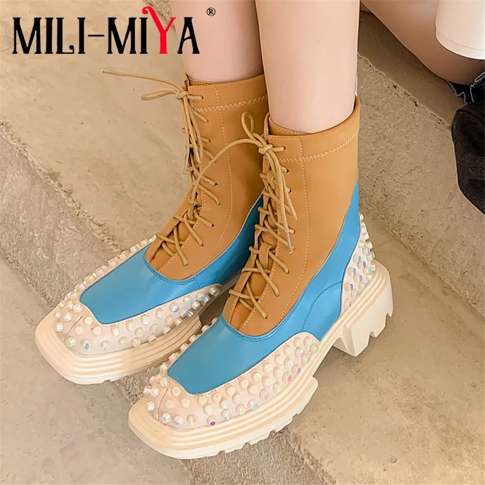 

MILI-MIYA Fashion Design Rivet Women Cow Leather Ankle Boots Lace Up Mixed Color Plus Size 34-41 Thick Heels Handmade For Ladies