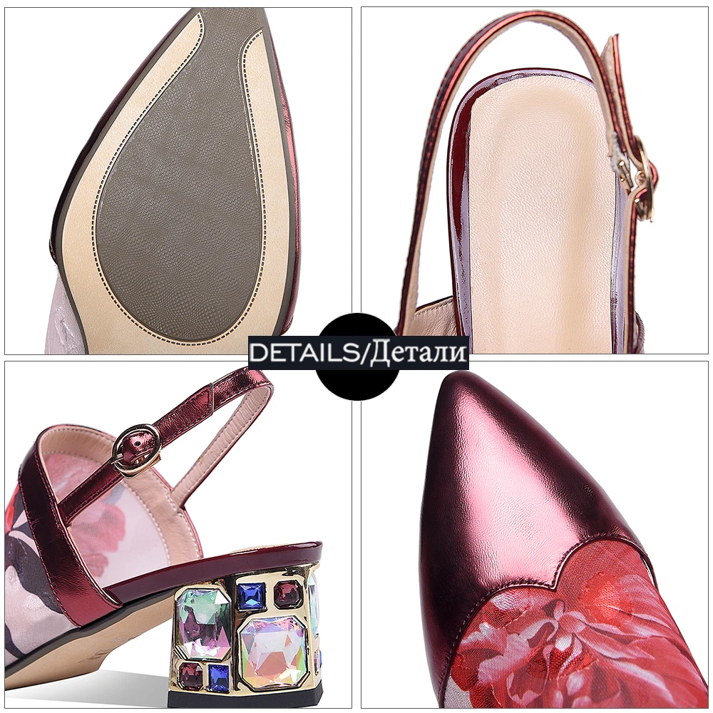 

ISNOM Genuine Leather Sandals Women Slingbacks Pointed Toe Ladies Ethnic Chunky Heels Shoes Woman Summer Outdoor Footwear