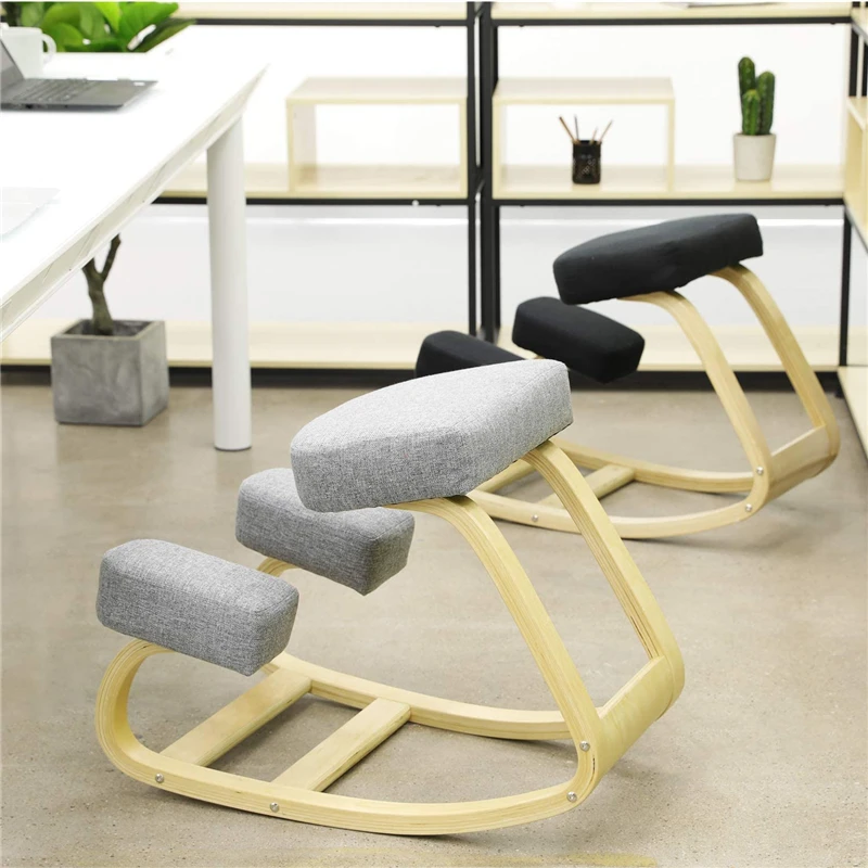 

Durable Ergonomic Kneeling Chair Rocking Balancing Wood Kneel Stool Home Office Kneel Chair with Thick Comfortable Cushions Gray