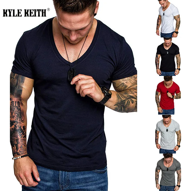 

Hot Sale Men's V-neck T-shirt Fitness Bodybuilding Tshirt High Street Summer Short-Sleeved Casual Cotton Top