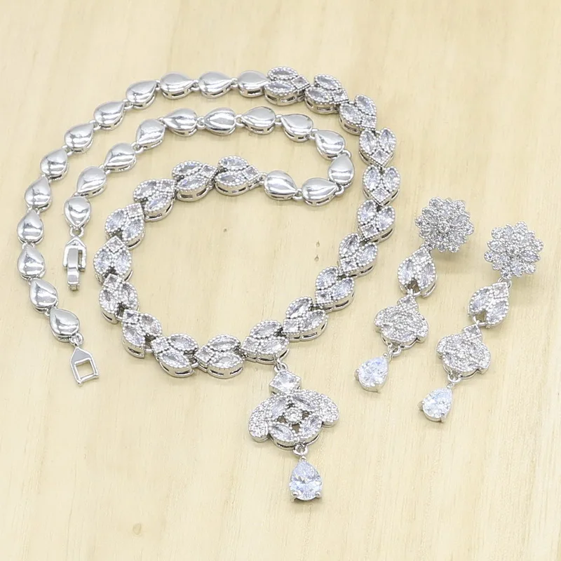 Свадебные серебряные Ювелирные наборы для женщин белые кубические циркониевые