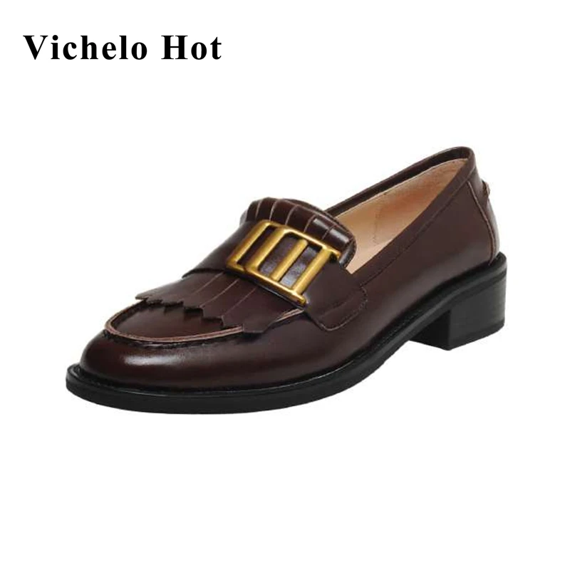 

Vichelo Hot big size early spring new arrival genuine leather round toe med heel metal decoration leisure cozy women pumps L5f5