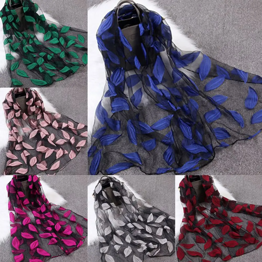 

Spring Summer Women Girls Shawls Sunshade Long Beach Scarves Wraps Leaves Jacquard Organza Scarf