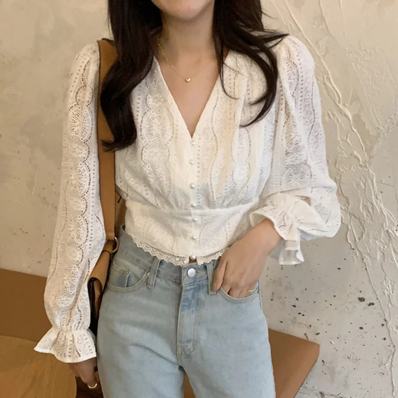 

Женская блузка с длинным рукавом, элегантная однотонная блузка с V-образным вырезом, кружевом, крючком и цветочным принтом, приталенный силу...