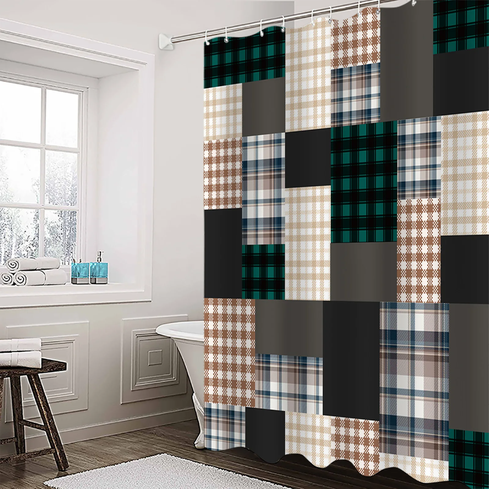 

Buffalo Grid Texture Squares Shower Curtain Waterproof Polyester Fabric Shower Curtains Home Decoration Curtain with Hook