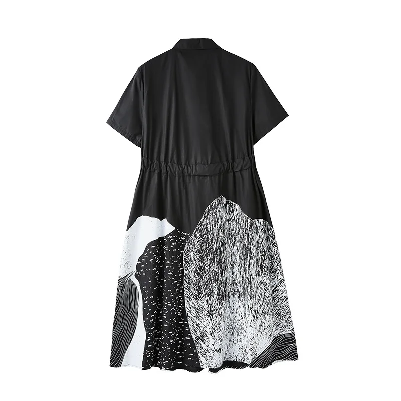 

Dress Spring and Summer 2020 Women's Short Sleeved Lapel Loose Fashion Original Design Abstract Printing Midi Large Swing Dress