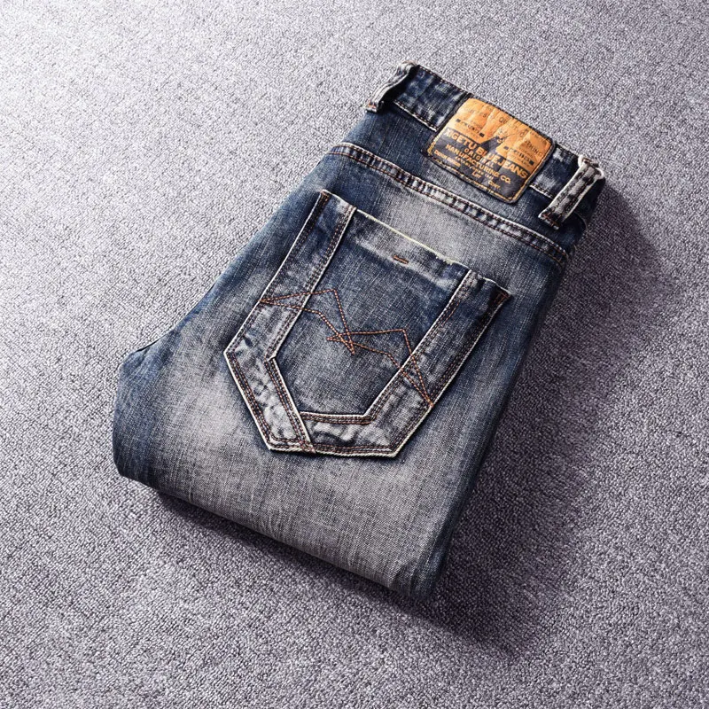 Italian Style Fashion Men Jeans Retro Dark Blue Elastic Cotton Slim Fit Ripped Jeans Men Streetwear Vintage Designer Denim Pants