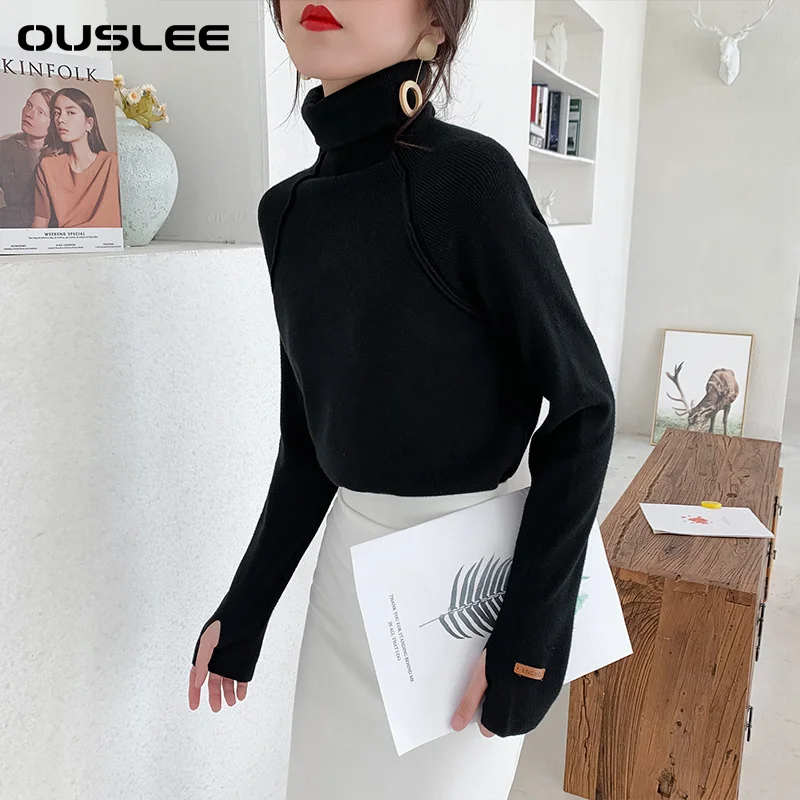 ouslee cotton turtleneck women sweater autumn winter elegant slim female knitted pullover casual stretched sweaters jumper femme free global shipping