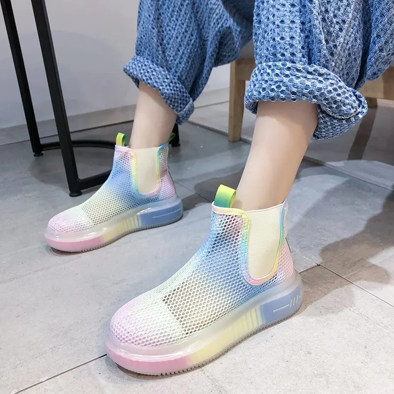 

Summer High Quality Women's Boots Fashion Rainbow Ankle Boots Popular Women's Shoes Booties Woman Platform Shoes Mesh Boots