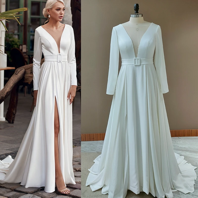 

Fanweimei Modest Sheer V-Neck Wedding Dress 2021 Fashion Long Sleeve Sweep Train Jersey Slit A Line Bridal Gown with Sashes