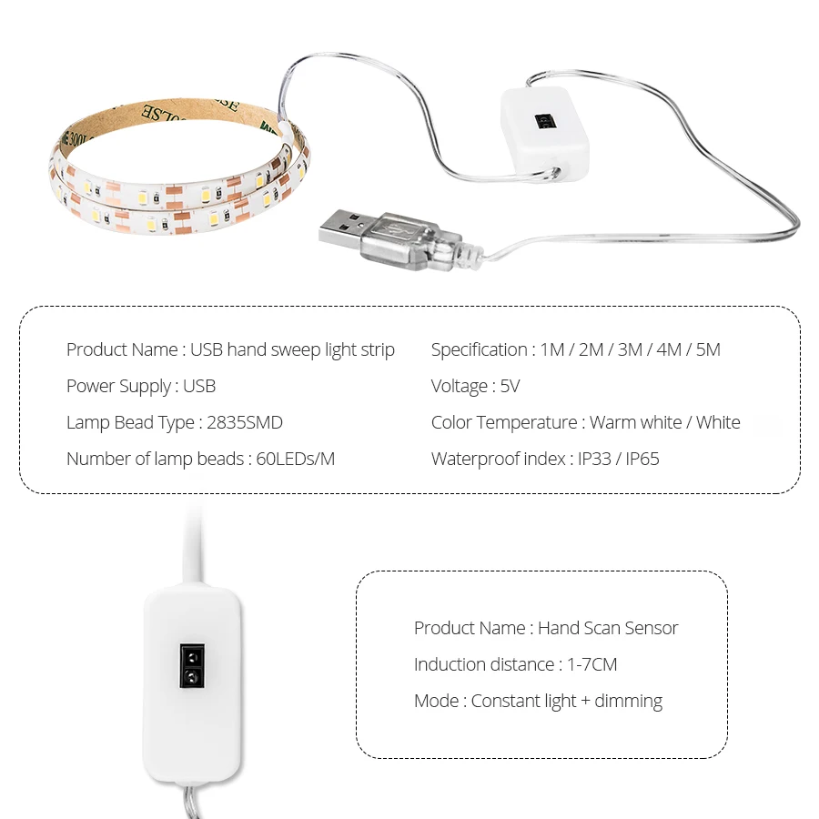 Dimmable 1M - 5M DC 5V USB LED Strip Lights with Hand Sweep Sensor Switch Diode Tape DIY Kitchen Wardrobe Cabinet Lamp Backlight | Освещение