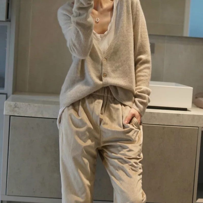 

V-neck Knitted Cardigan Coat Coat Cashmere Wool Woollen Sweater Female Thin Spring and Autumn Outdoor Solid Color Short Long Sle