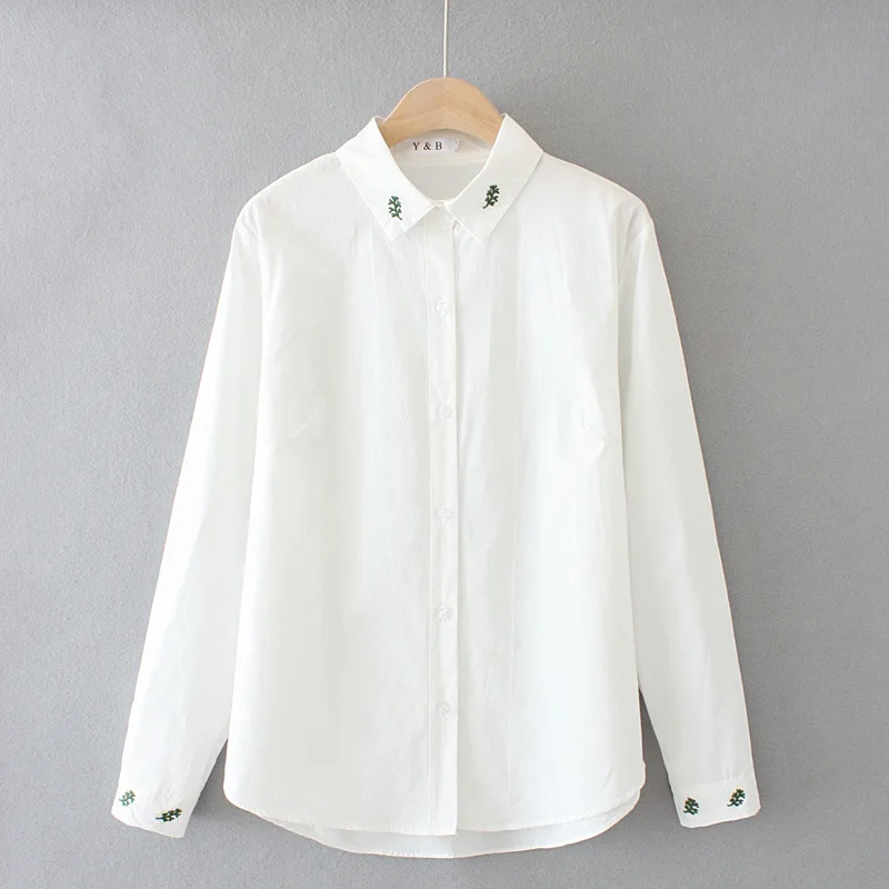 

Женская белая блузка из чистого хлопка, простая блузка с вышивкой в виде листьев, размера плюс