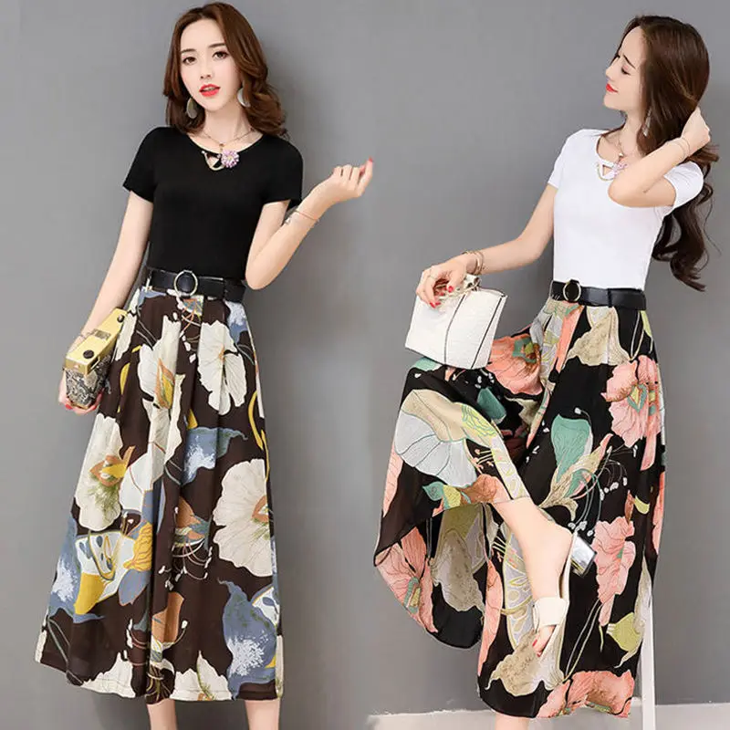 

2020 Summer New Women's Fashion Chiffon Wide-leg Pants Lady T-shirt and Floral Trousers Office Elegant Printed Two-piece Set