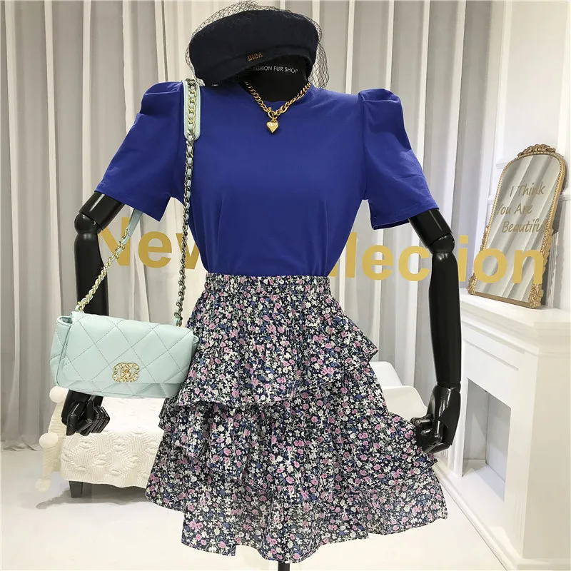 ALPHALMODA 2020 Summer New Floral High Waist Skirt + Puff Sleeve Tshirt Women Fashion 2pcs Suit Ladies Sweet Ruffled Top | Женская