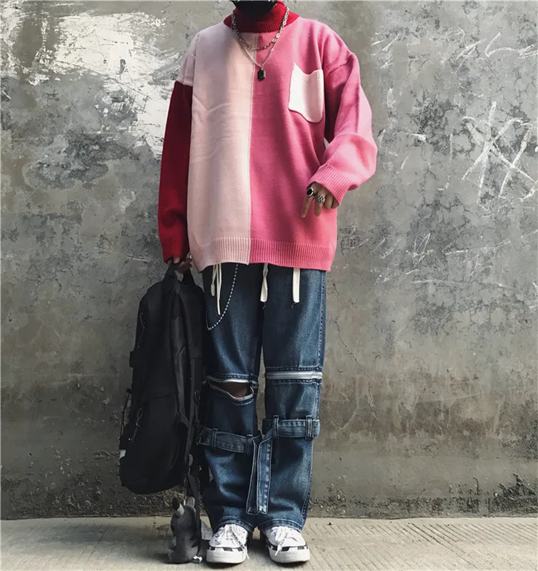 Winter Turtleneck Sweater Men's Warm Fashion Contrast Casual Knit Pullover Men Streetwear Hip Hop Knitting Sweaters Male Clothes