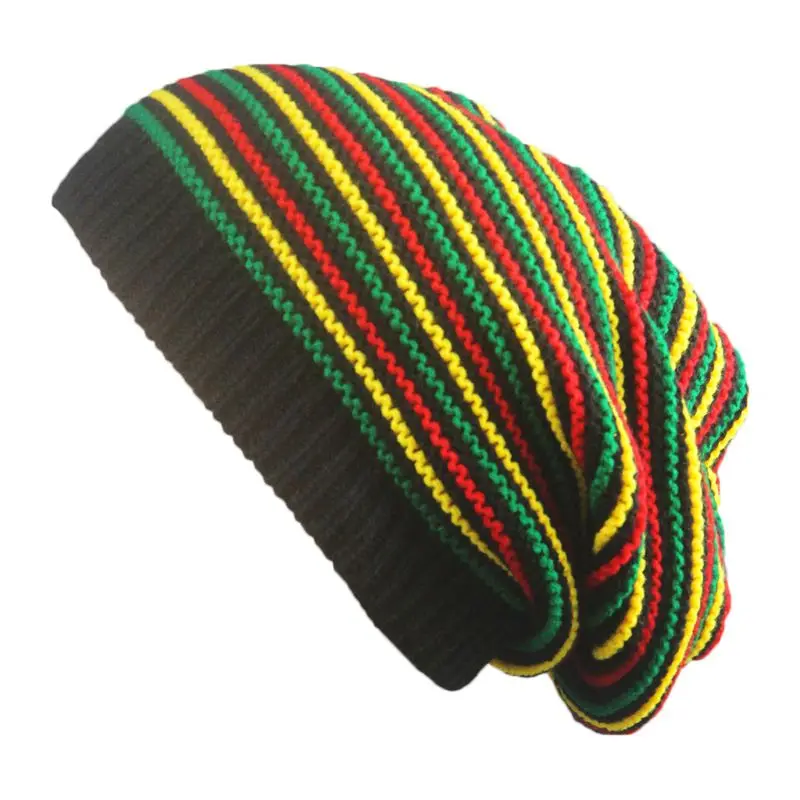 

New Women Men Crochet Wavy Fine Stripes Beanie Rainbow Jamaica Style Flag Oversized Knit Hip Hop Street Winter Slouchy Hat