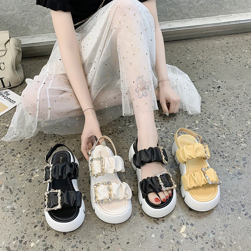 

Sandals Women Summer New Fashion Women's Sandals 2021 Square Buckle Rhinestone Pleated Platform Sandals Casual Woman Shoes
