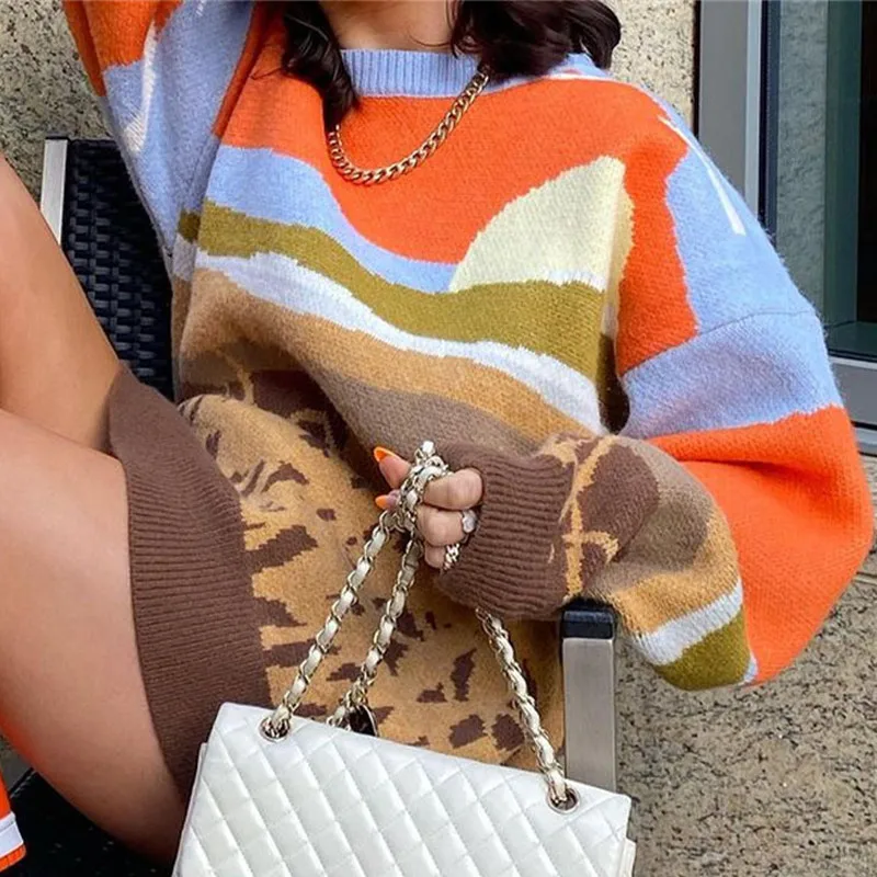 

Print Lazy Wind Women's Sweater Loose O-Neck Long Sleeve Casual Knitted Sweaters Woman 2021 Autumn Winter New Fashion Top Female