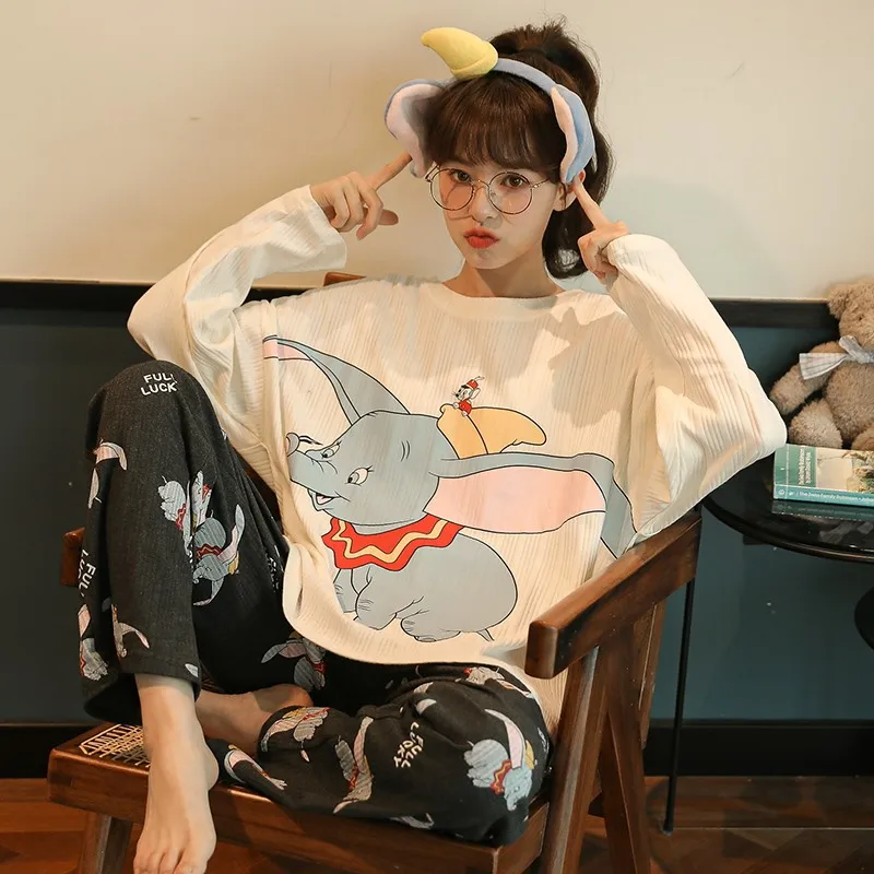 

Cotton Pajamas Women Dumbo Kawaii White Clothes Sleepwear Japan Style Anime Pijama Girls Big Ear Elephant Homewear Suit Loose