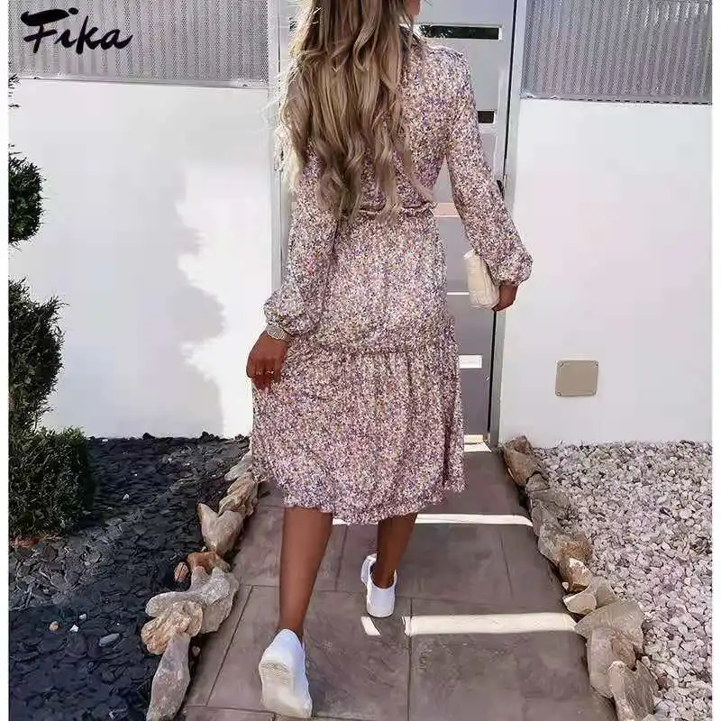 

Spring Long Sleeve Lace-up Party Dress Vintage Fashion Floral Print Long Dress Summer V Neck Ruffle Elegant Ladies Dresses 2021