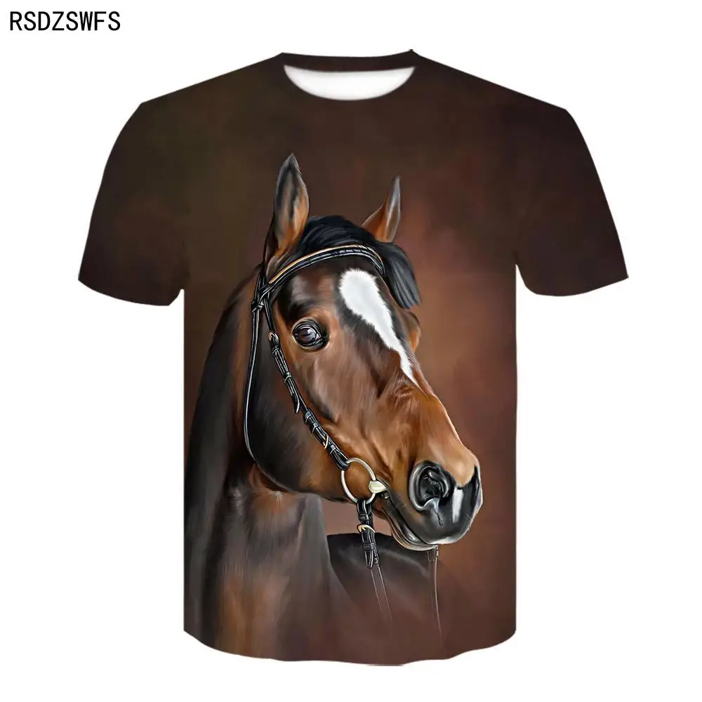Летняя новая футболка с круглым вырезом лошадью модная 3D-принтом одежда