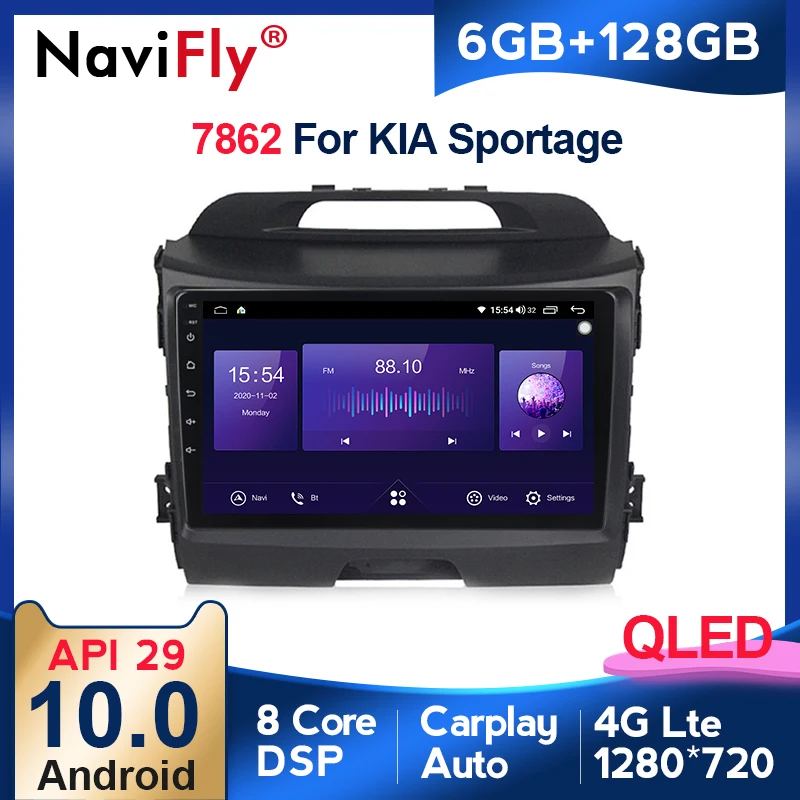 NaviFly 6 ГБ + 128 Гб QLED экран 1280*720 Android 10 для Kia Sportage 3 SL 2010 2016 навигация GPS Автомобильный